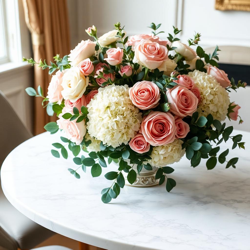 Fresh floral centerpiece on a marble table