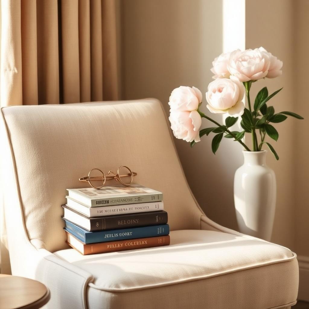 Serene reading nook with peonies